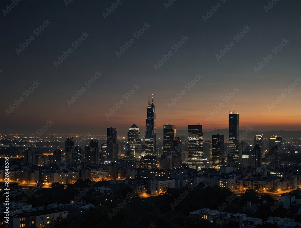 Obraz premium Stunning twilight cityscape with illuminated skyscrapers and urban skyline, perfect for showcasing modern city life and architecture, ideal for commercial marketing and travel promotions.