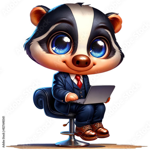 Cute cartoon badger in suit working on laptop while sitting on chair, whimsical office scene.