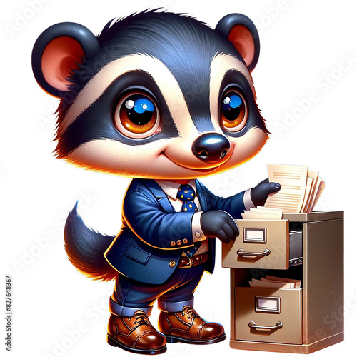 Adorable cartoon badger in a business suit organizing papers in a file cabinet, perfect for office and administrative themes.
