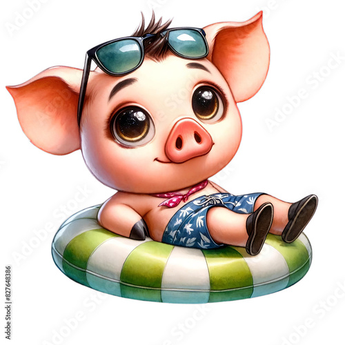 Cute cartoon pig wearing sunglasses and swim trunks, relaxing on a float. Perfect for summer, vacation, and fun illustrations.