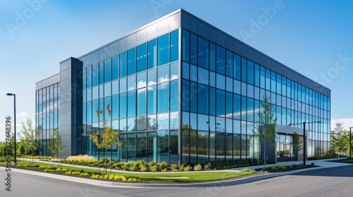 A sleek   modern office building with glass exterior walls and reflective windows