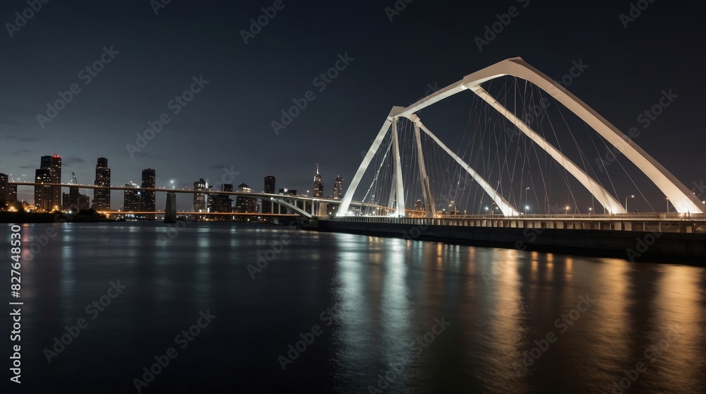 Naklejka premium Stunning night cityscape featuring a modern illuminated bridge and skyline reflections on calm water, perfect for urban architecture and travel-themed projects.