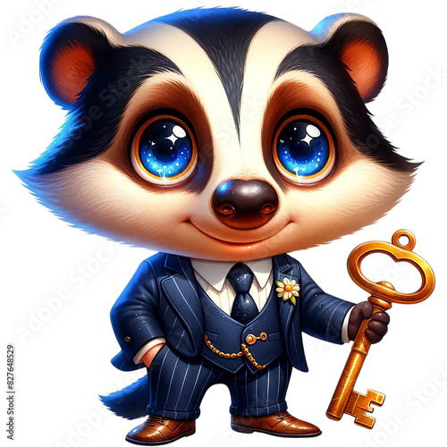 Cute cartoon raccoon dressed in a suit, holding a golden key, smiling cheerfully, and standing confidently.