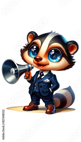 Adorable cartoon badger in a business suit holding a megaphone, perfect for marketing, announcements, and communication themes.