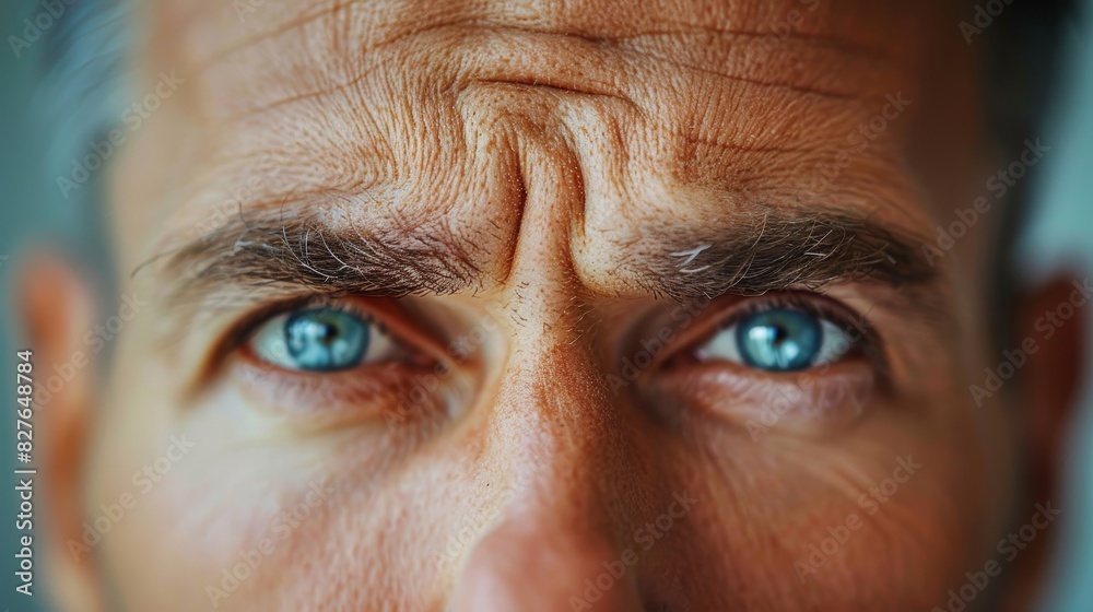 A man with a furrowed brow and blue eyes A man with a furrowed brow and blue eyes