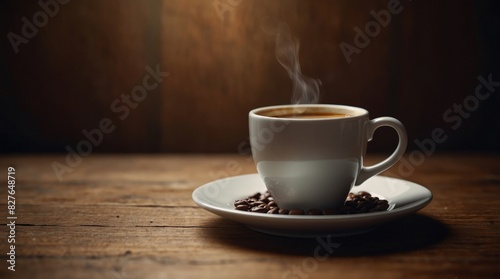 Steaming cup of hot coffee in a white mug with coffee beans on the saucer, set against a rustic wooden background, perfect for cafes, coffee shops, and warm beverage promotions.