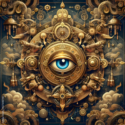 Sacred Steampunk Masterpiece: Glowing Symbol and Tibetan Motifs in Mechanical Harmony - Third Eye Symbol