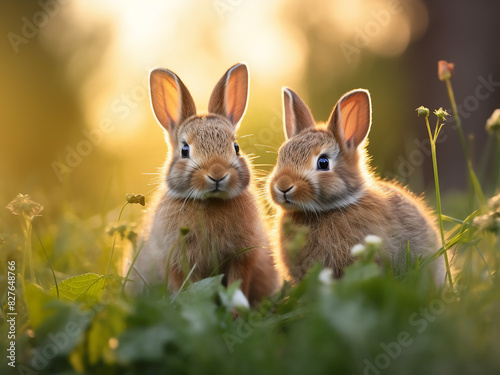Two adorable hares sit amidst grass in a charming meadow habitat © Llama-World-studio