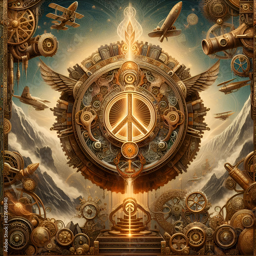 Mystical Steampunk Elegance: Ethereal Light and Tibetan Patterns with Brass Splendor - Peace Sign photo