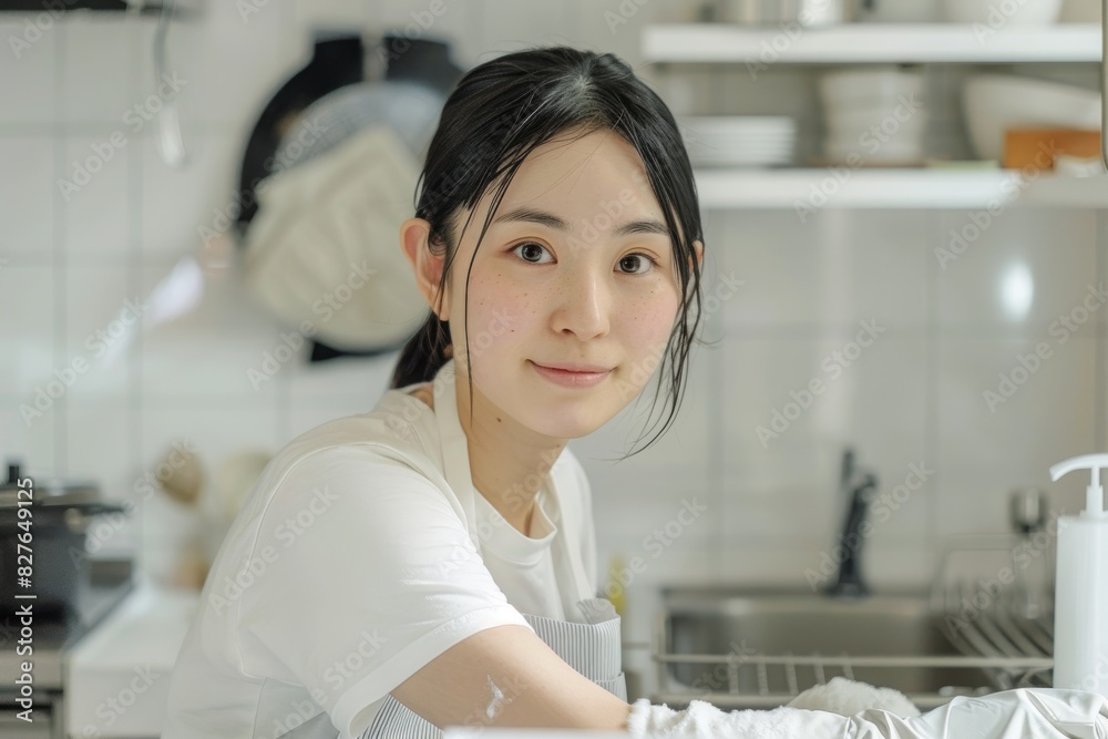 Japanese woman wearing an apron is cleaning the kitchen counter with white gloves on her hands Japanese woman wearing an apron is cleaning the kitchen counter with white gloves on her hands