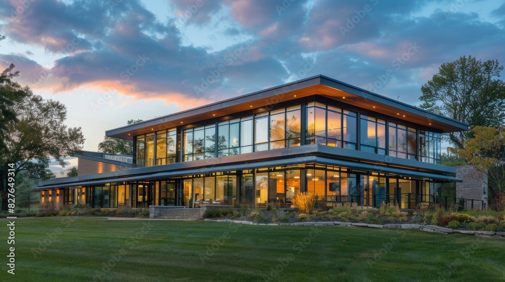 A modern house with floor-to-ceiling windows and smart home features A modern house with floor-to-ceiling windows and smart home features