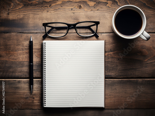 An old wooden desk features a laptop, notepad, and coffee, inviting productivity