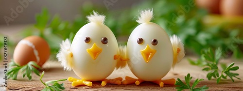 Funny chickens with stuffed eggs for Easter. Selective focus.