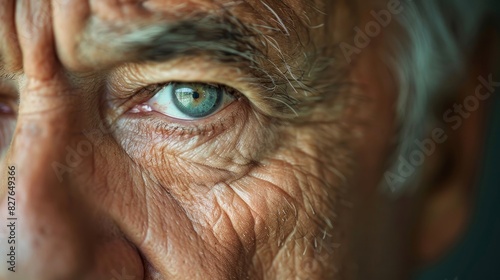 A man with blue eyes and a wrinkled face