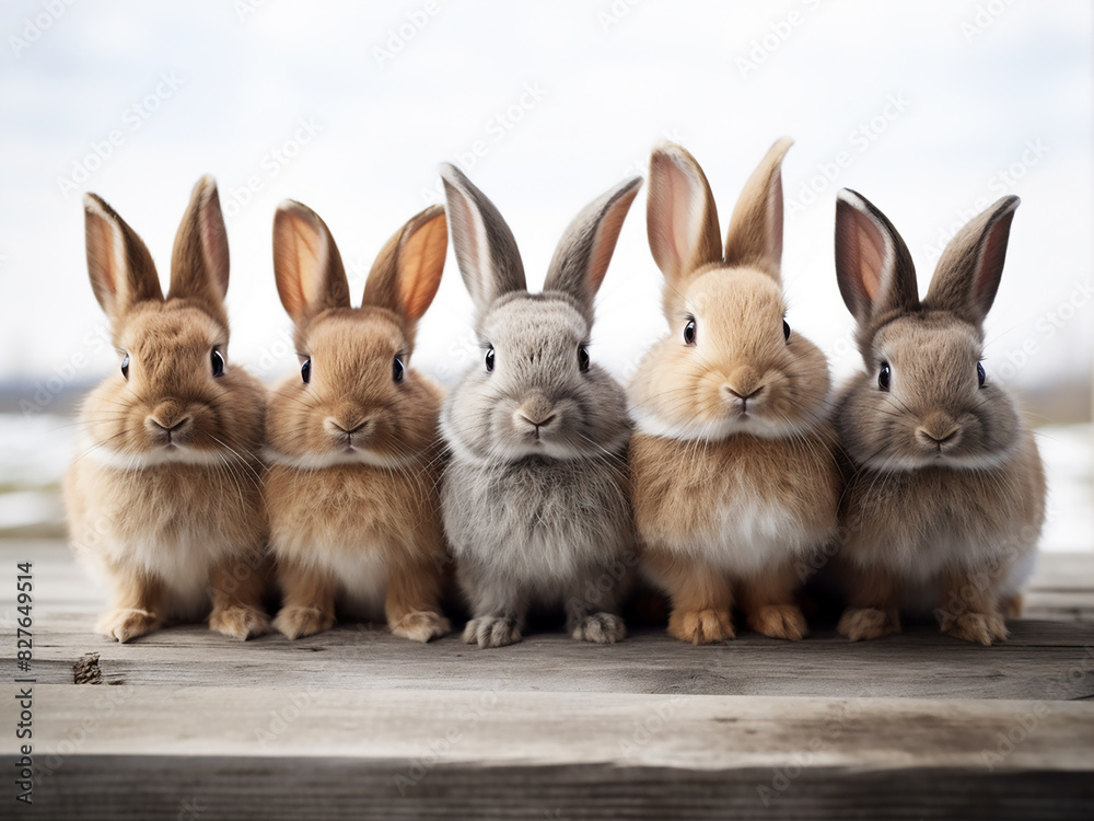 Minimalist ambiance highlights five adorable rabbits Minimalist ambiance highlights five adorable rabbits