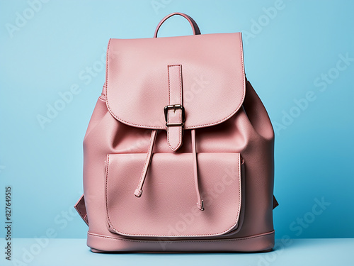 Chic women's backpack staged on light blue with text space photo