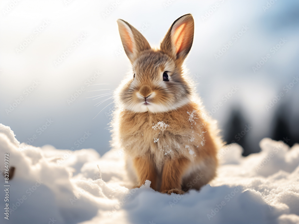 AI-generated fluffy rabbit sits in snowy landscape