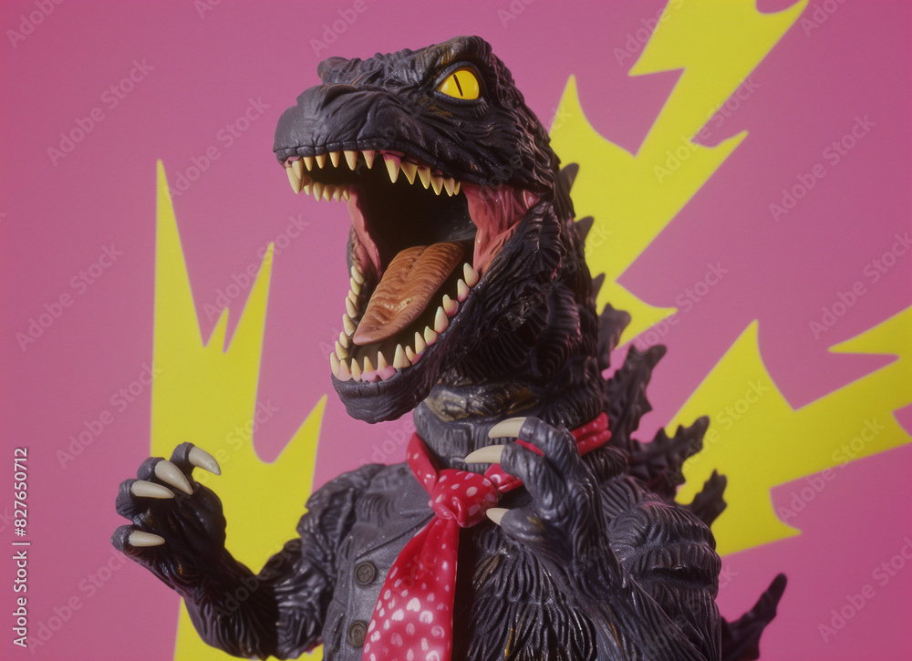 Black T-Rex singing, retro colors, in the style of the 80s. Minimal, creative, vintage fun concept Black T-Rex singing, retro colors, in the style of the 80s. Minimal, creative, vintage fun concept
