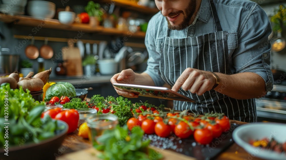 A realistic portrayal of a person participating in a virtual cooking class on a tablet, with real ingredients and kitchen tools in the foreground. The minimalist composition captures the essence of A realistic portrayal of a person participating in a virtual cooking class on a tablet, with real ingredients and kitchen tools in the foreground. The minimalist composition captures the essence of