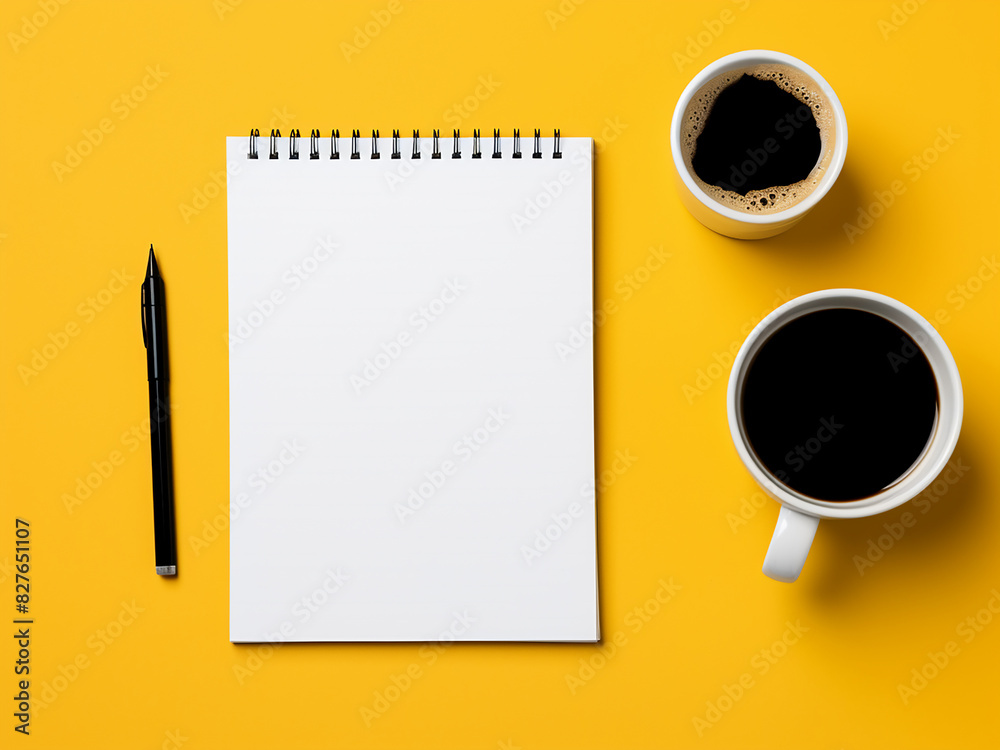 Work mode activated laptop, coffee, and notebook await on a bright yellow surface Work mode activated laptop, coffee, and notebook await on a bright yellow surface