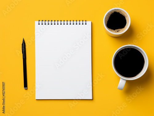 Work mode activated laptop, coffee, and notebook await on a bright yellow surface photo