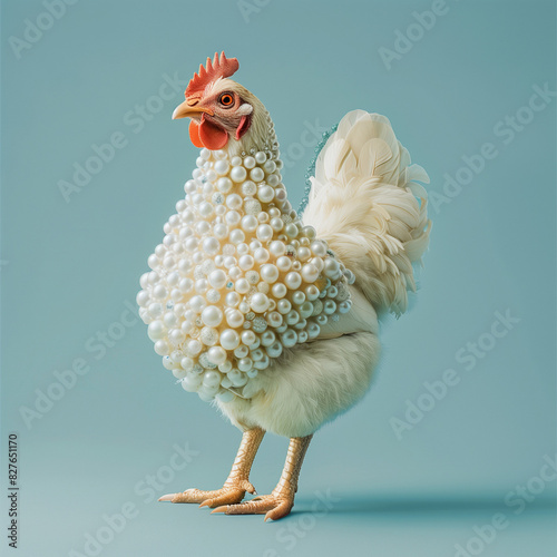 Chicken adorned with pearls.Minimal creative fashion and nature concept. photo