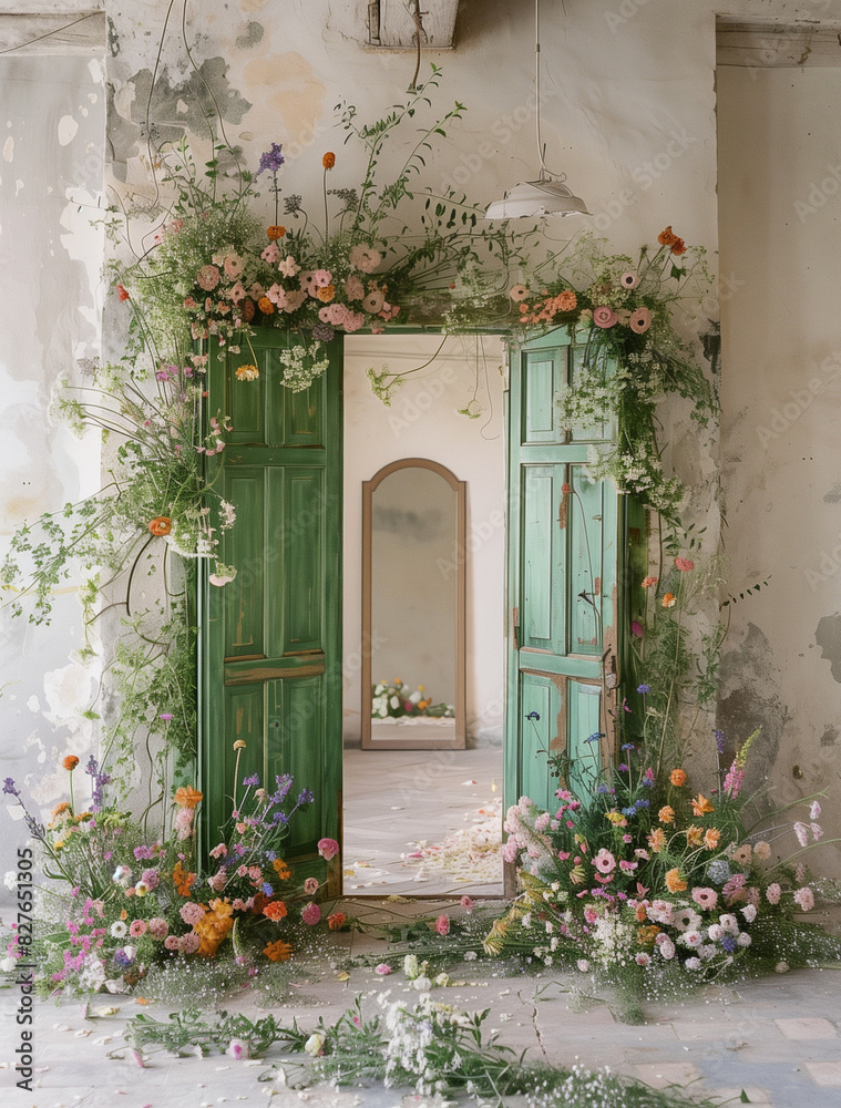 old door with flowers.Minimal creative nature,summer vacation and interior concept