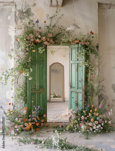 old door with flowers.Minimal creative nature,summer vacation and interior concept © sunaiart