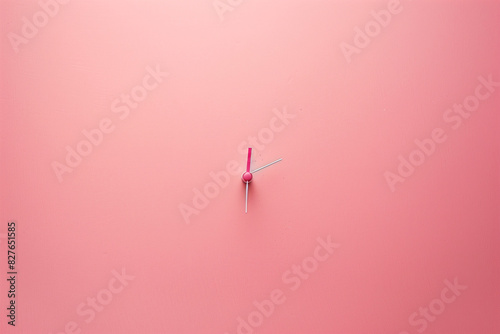 Clock hands on pastel pink painted wall. Minimal time concept. photo