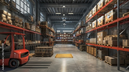 A modern warehouse with high shelves full filled with boxes and pallets, a forklift truck on the left side, a wide