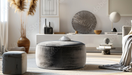 Elegant gray velvet ottoman in a minimalist living room with neutral tones and simple decor, providing a stylish and comfortable seating option
