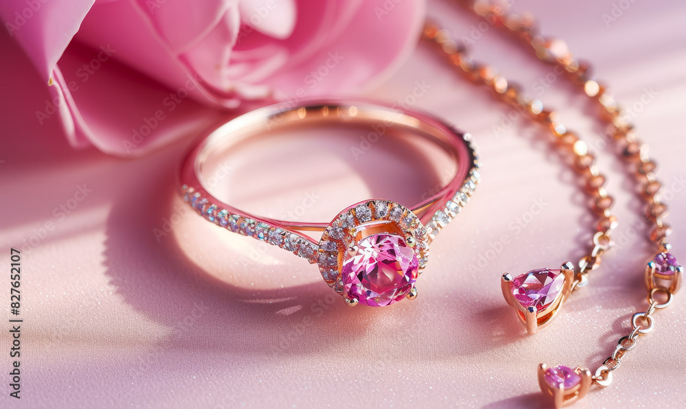 Elegant Rose Gold Ring and Necklace with Pink Diamond on Pink Surface, Romantic Jewelry, High Angle View, Luxurious and Feminine, Perfect for Valentine's Day or Anniversary Gift Elegant Rose Gold Ring and Necklace with Pink Diamond on Pink Surface, Romantic Jewelry, High Angle View, Luxurious and Feminine, Perfect for Valentine's Day or Anniversary Gift