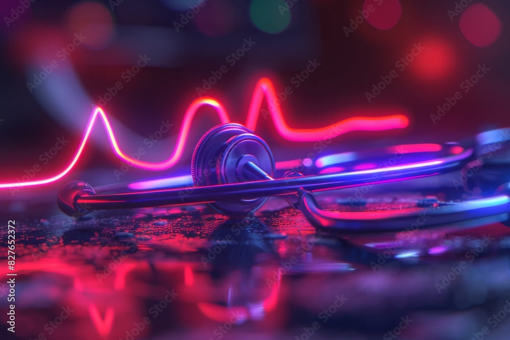 Obraz premium Vibrant neon stethoscope on a reflective wet surface, illustrating the reflective and introspective nature of healthcare practices