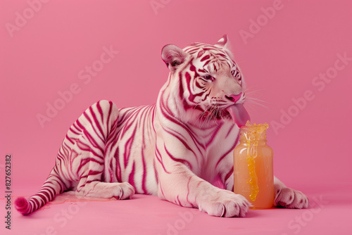 Pink tiger on a pink background eating honey from a jar.Minimal creative food concept. photo