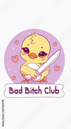 Poster with yellow duck character holding knife in anime style with text 