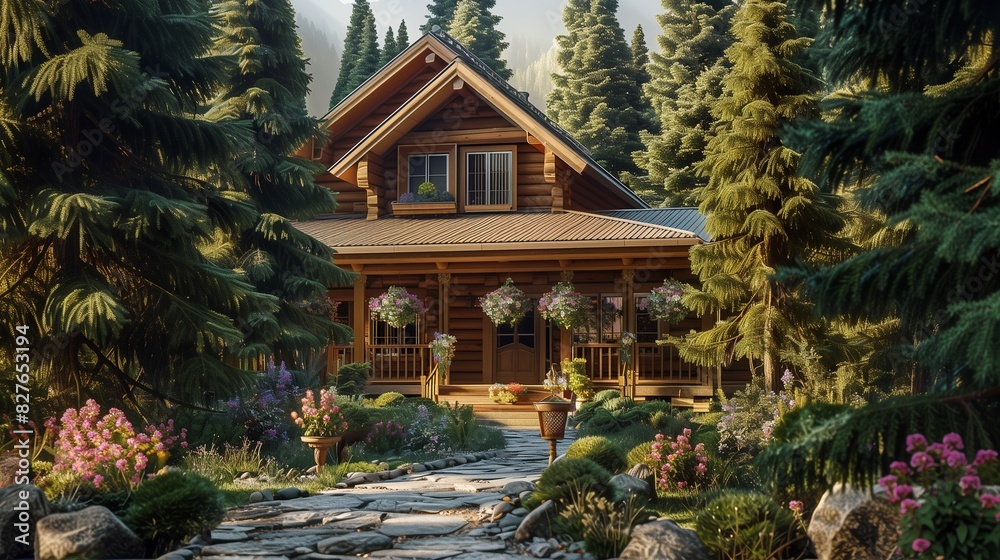 A suburban house with a rustic wooden exterior, surrounded by towering pine trees, with a stone pathway leading to the front porch adorned with hanging flower baskets,