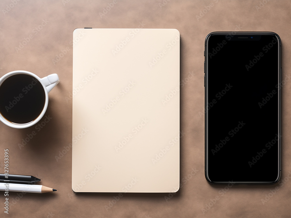 On a workspace desk, stationery and a blank sketchbook are arranged artistically On a workspace desk, stationery and a blank sketchbook are arranged artistically