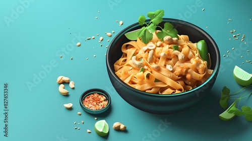 Isometric Art of Pad Thai garnished with tealcolored peanuts photo