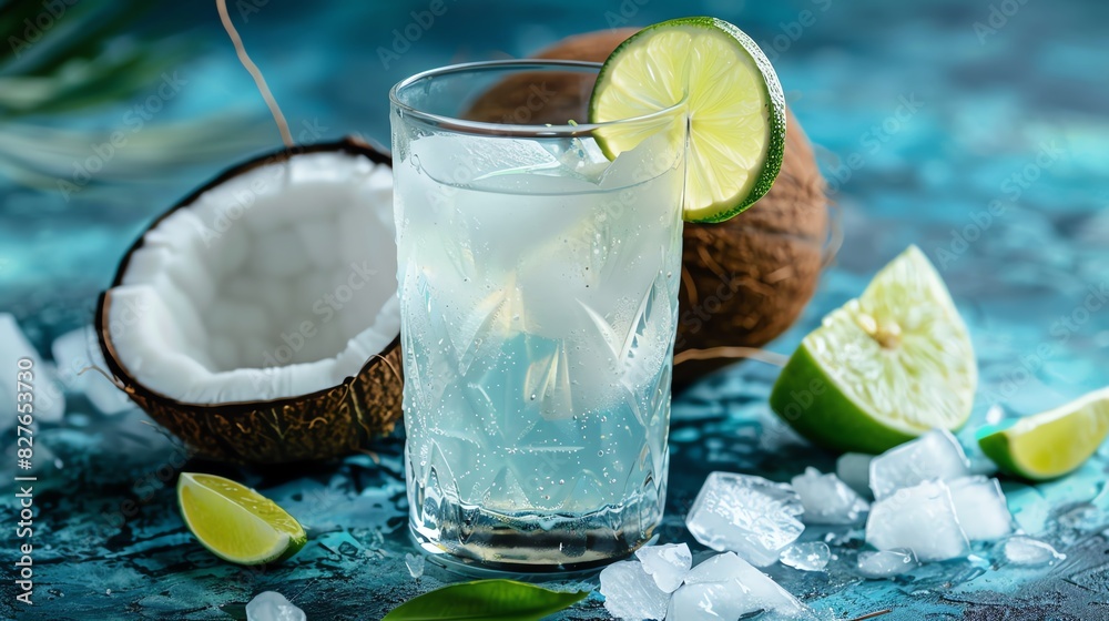 Fototapeta premium Healthy drinks, Refreshing coconut water with lime and ice in a glass.