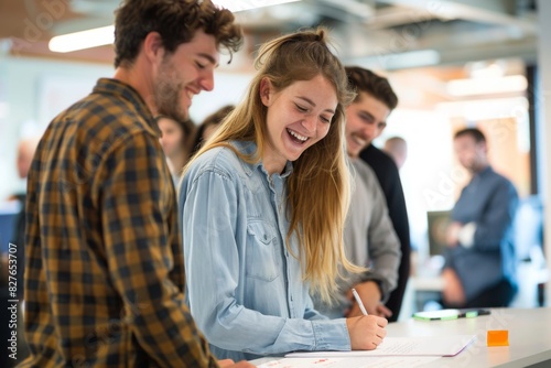 Group of young professionals collaborating and laughing in a modern office setting, showcasing teamwork and creativity in a bright environment.