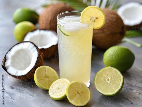Healthy drinks, Refreshing coconut and lime drink with ice in a tall glass.