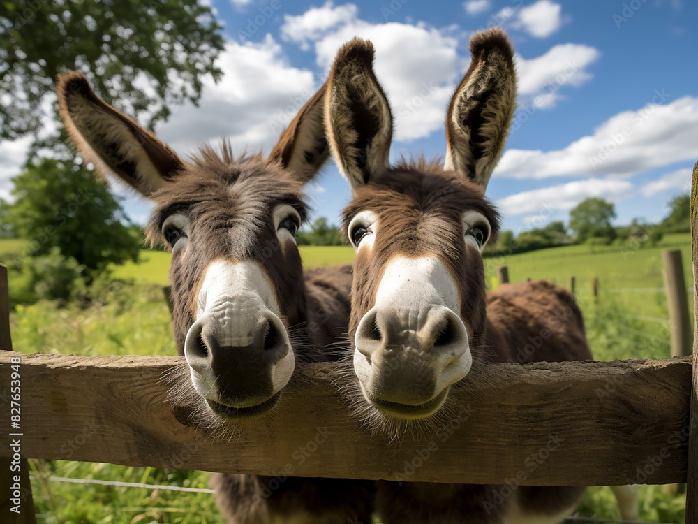 On a sunny summer day, curious donkeys peek out from their farm pen On a sunny summer day, curious donkeys peek out from their farm pen