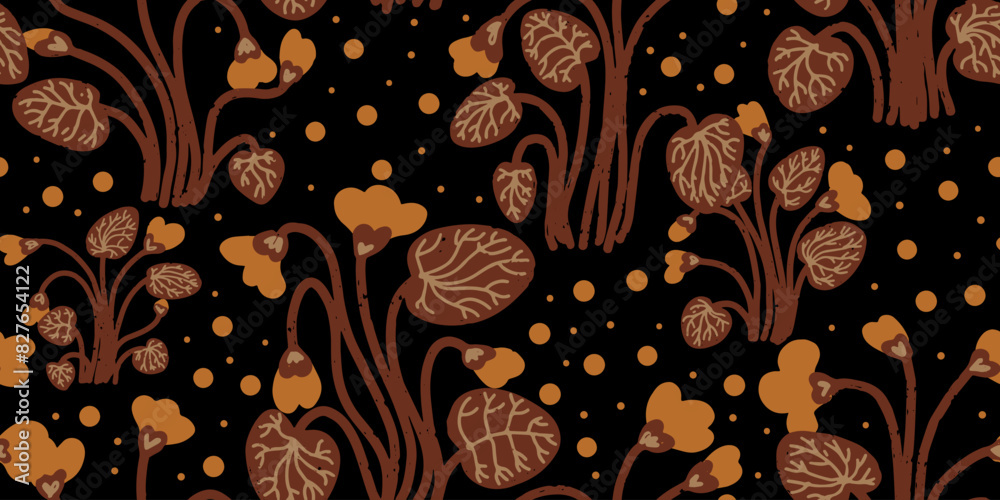 Texture violets. Forest flowers. Cartoon style. Hand drawn elements. Vector seamless overlapping pattern.