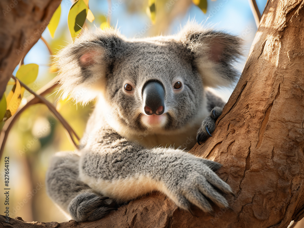Obraz premium An Australian koala enjoys daytime relaxation in a tree, radiating cuteness