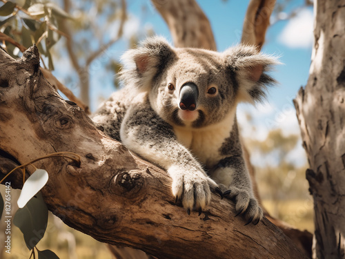 Daytime finds an endearing Australian koala peacefully resting in a tree