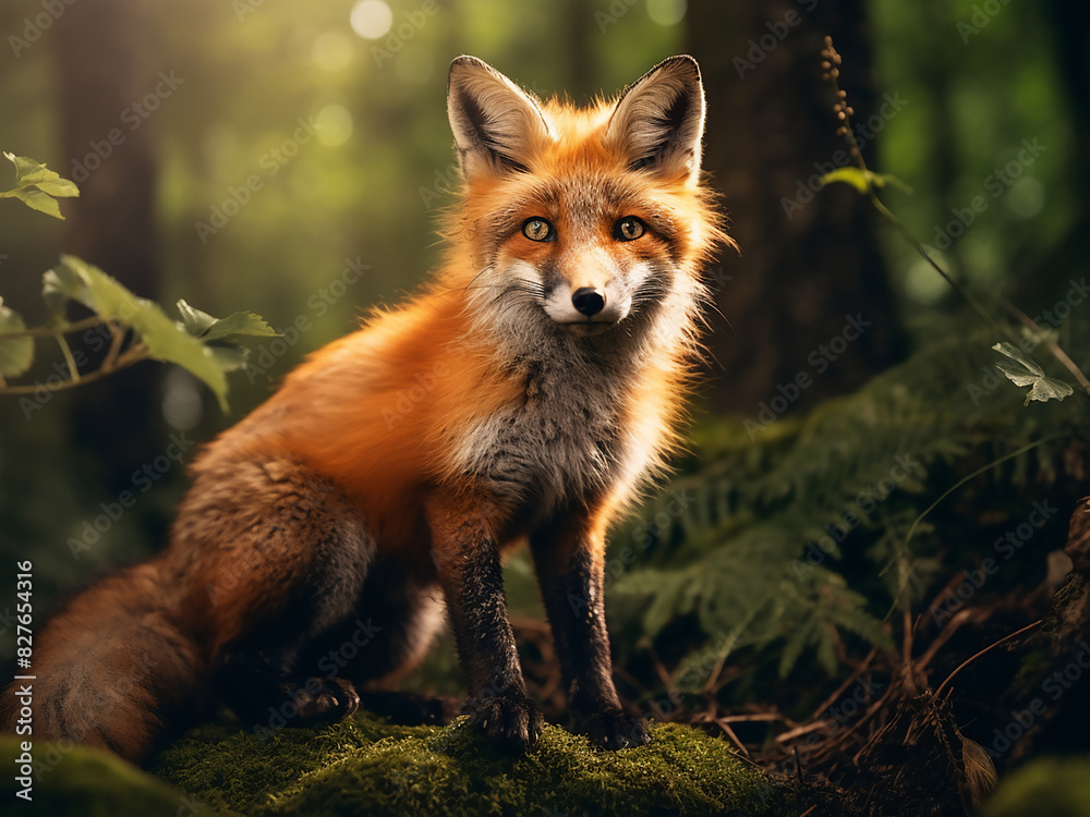 Fototapeta premium An alert fox, crafted by artificial intelligence, roams the forest with curiosity
