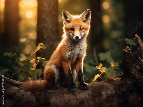 Through artificial intelligence, a vigilant fox graces the forest scene with its presence