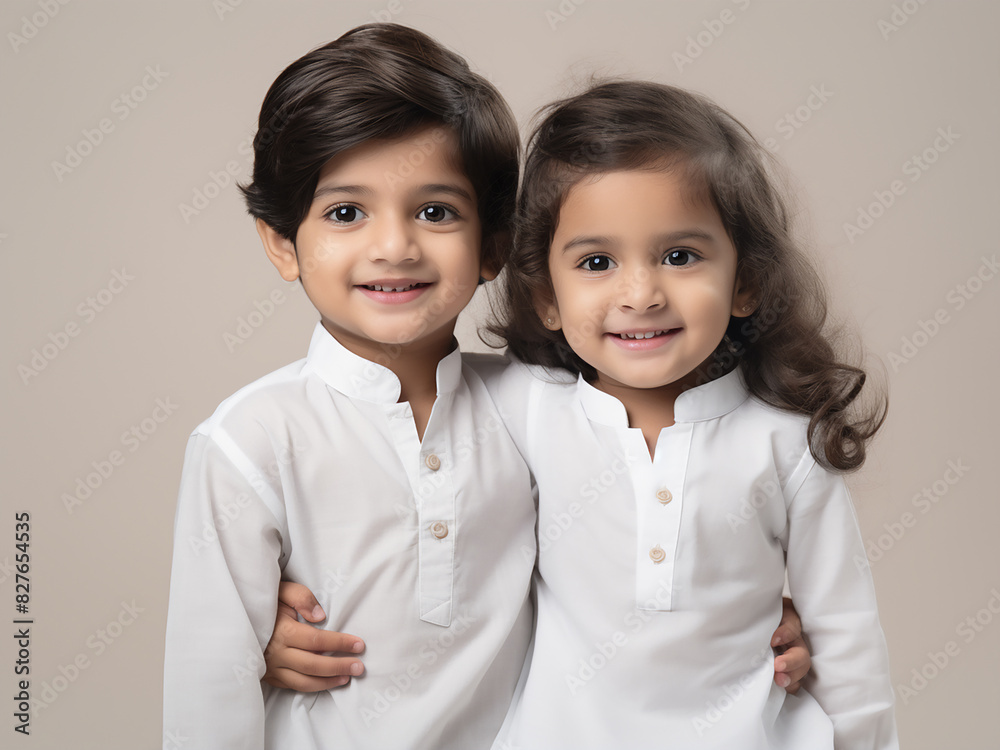Indian Asian siblings, clad in white, share a warm embrace against a white backdrop Indian Asian siblings, clad in white, share a warm embrace against a white backdrop