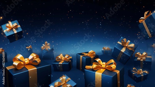 Blue gift boxes with gold bow. selective focus. Generative AI, © Milena