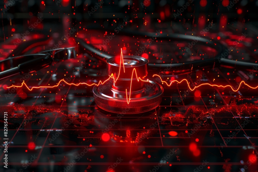Futuristic medical scene with a neon heart rate line and stethoscope on a high tech background, representing advanced diagnostics and healthcare technology
